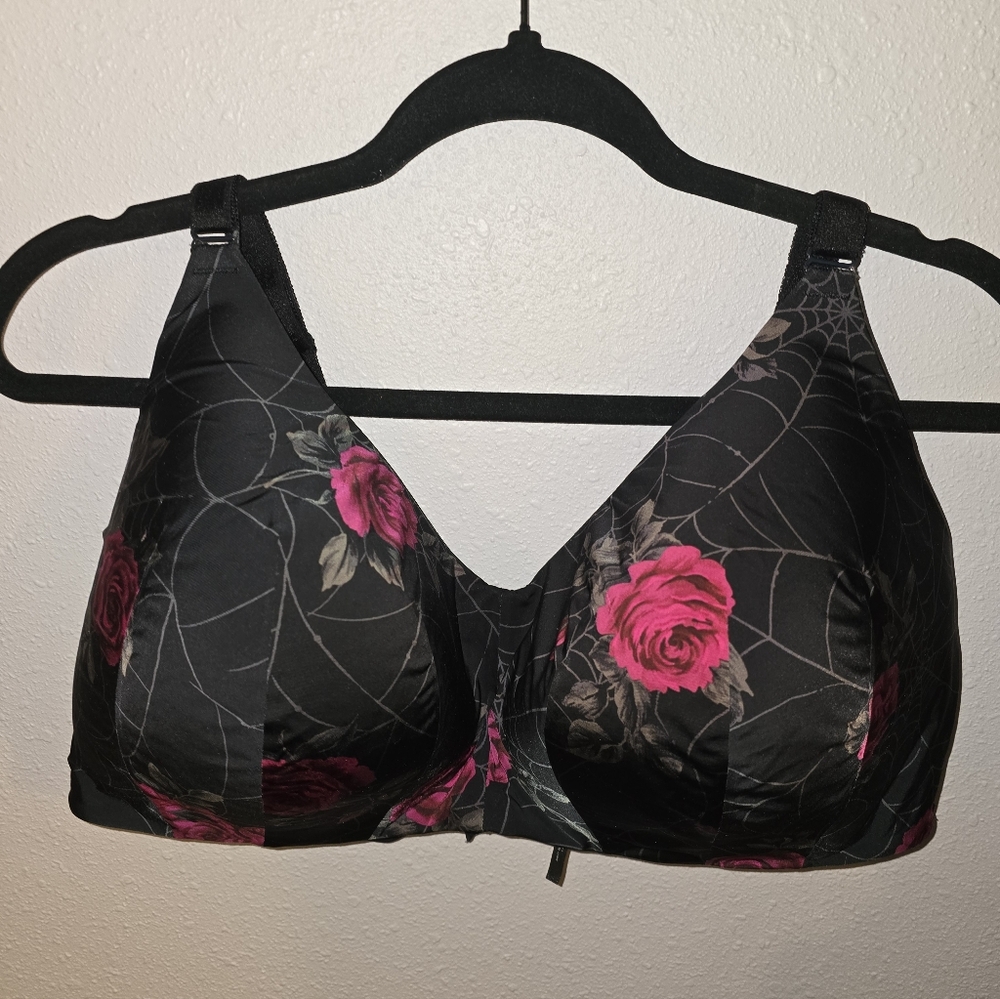 Torrid Black and Pink Floral Spiderweb Bra